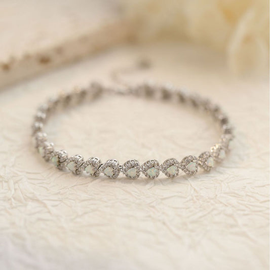 925 Sterling Silver Heart-shaped Diamond White Opal Bracelet