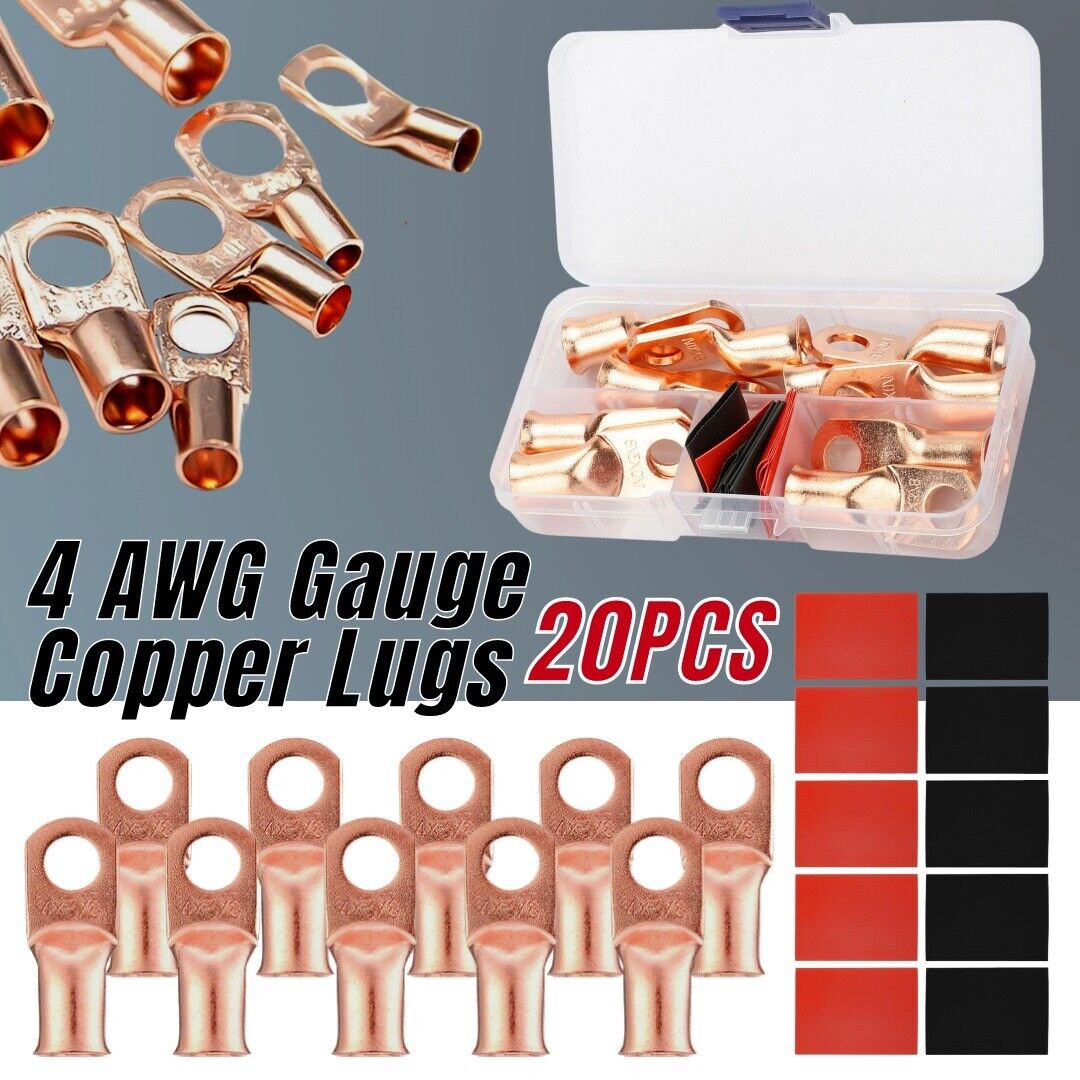 4 Gauge AWG Pure Copper Lugs Ring Terminals Connectors Log With Heat Shrink Kit