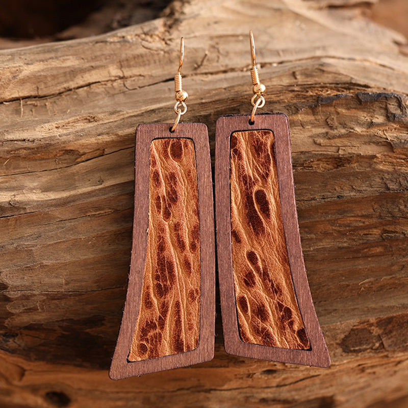 Genuine Leather Retro Embossed Classic Geometric Wooden Earrings