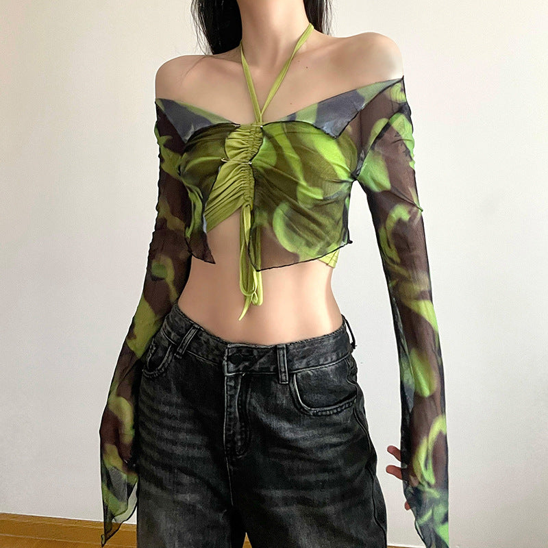 Women's Retro Tie-dye Gradient Light Mesh One-shoulder Cardigan Spicy Girl Smocked Pleated Ties Hanging Neck Two-piece Tops