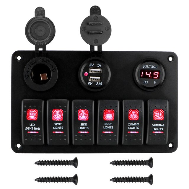 Car Marine Circuit Breaker 6 Gang Rocker Switch Panel ON/OFF Lights LED Digital Voltmeter Dual USB DC 12V/24V Waterproof