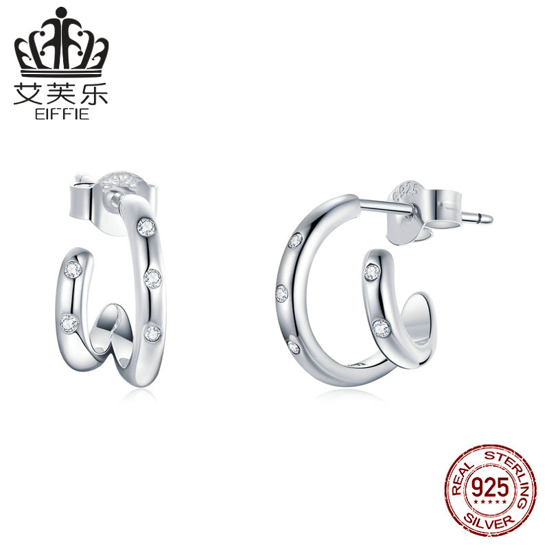 Simple And Popular Lines Geometric Zircon Original Sterling Silver S925 Double Hoop Earrings