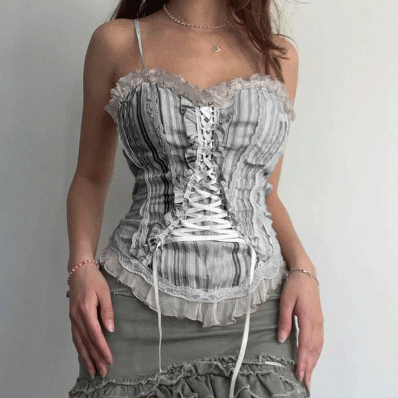 French Court Style New Vintage Straps Waist Undershirt Lace Lace Splicing Stripes Show Chest Small Sling