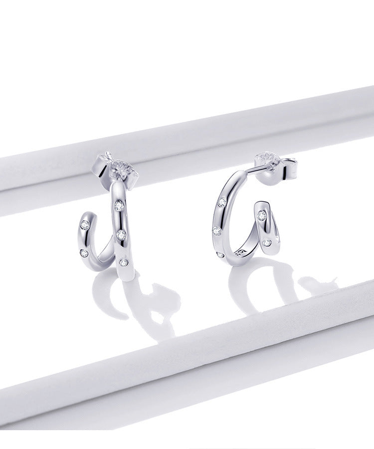 Simple And Popular Lines Geometric Zircon Original Sterling Silver S925 Double Hoop Earrings