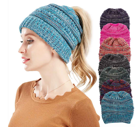 Mixed Color Knitted Wool Hat Ladies Non-labeled Ponytail Hat