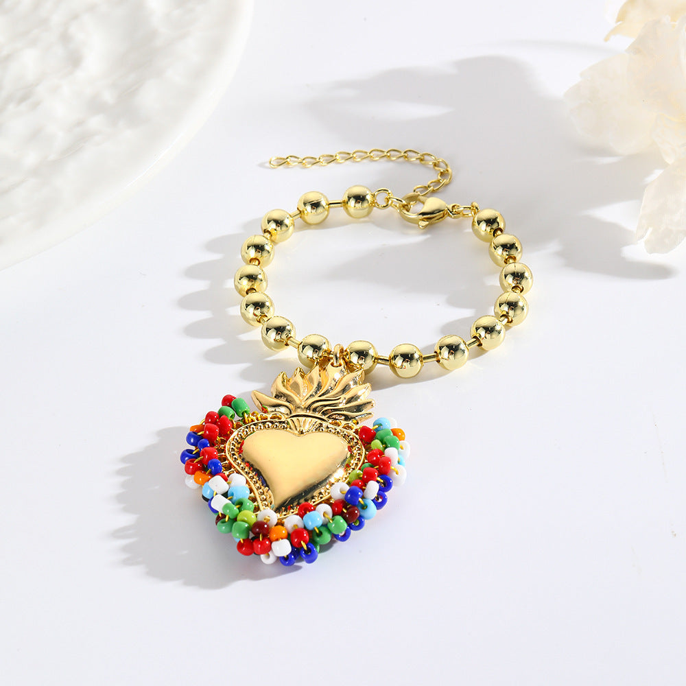 Retro Small Rice-shaped Beads Hand-woven Heart Bracelet