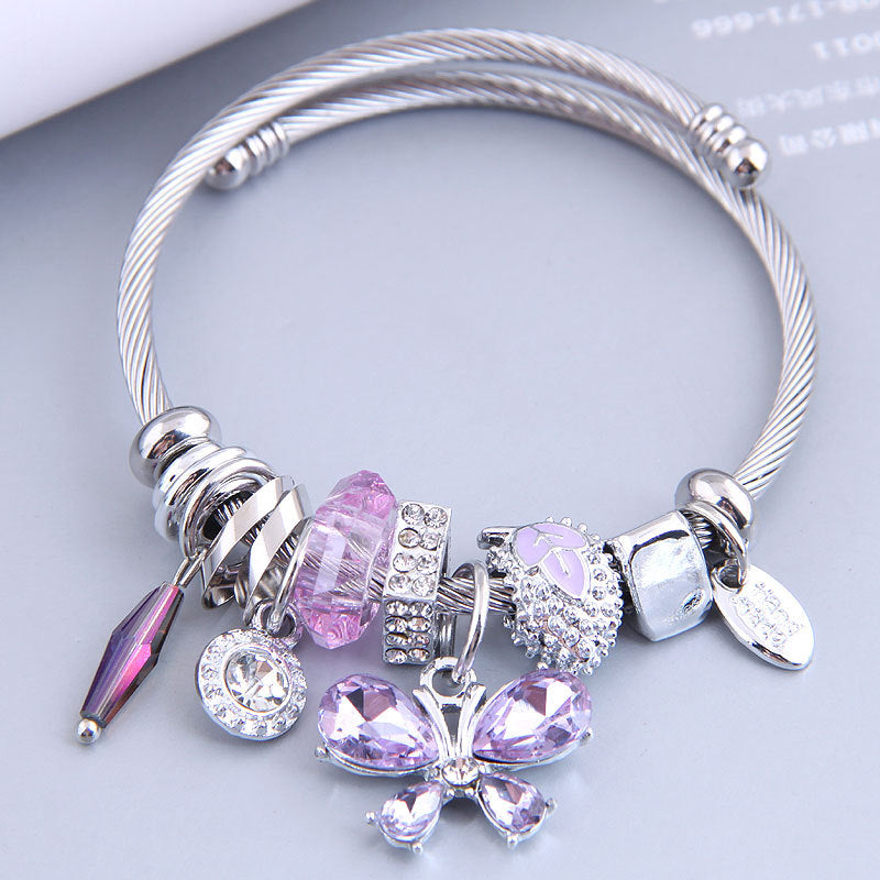 Stainless Steel Butterfly Crystal Tassel Bracelet