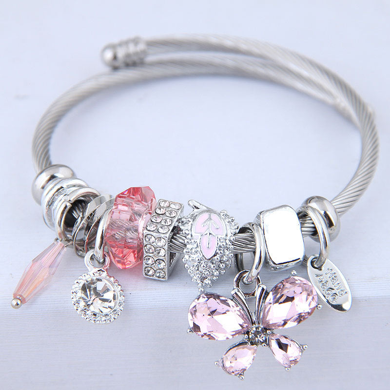 Stainless Steel Butterfly Crystal Tassel Bracelet