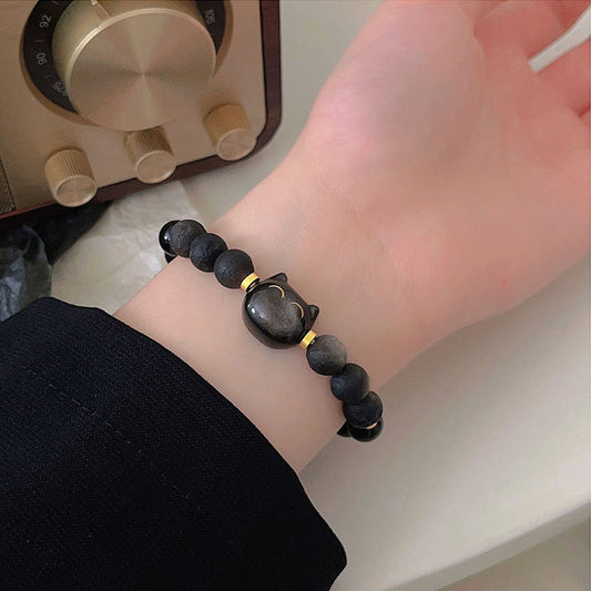 Natural Obsidian Cat Head Bracelet For Men And Women