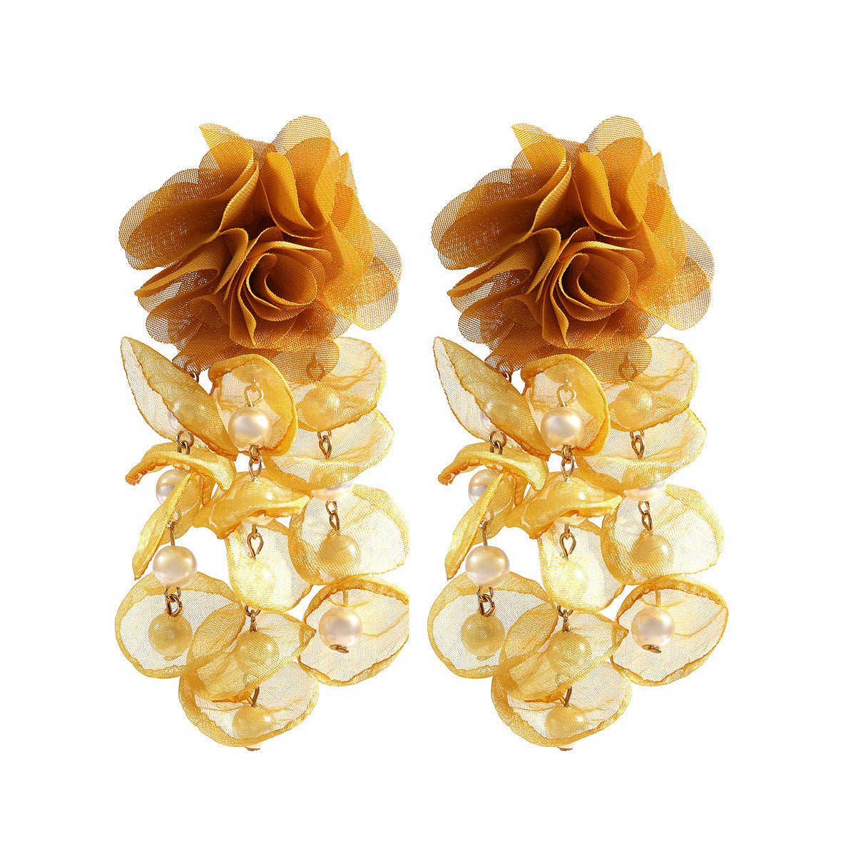 Floral Exaggerated Bohemian Fabric Pearl Flower Tassel Earrings