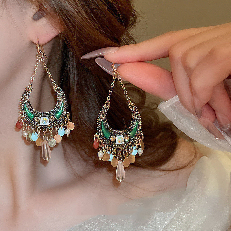 Bohemian Style Colorful Moon Sequined Tassel Earrings