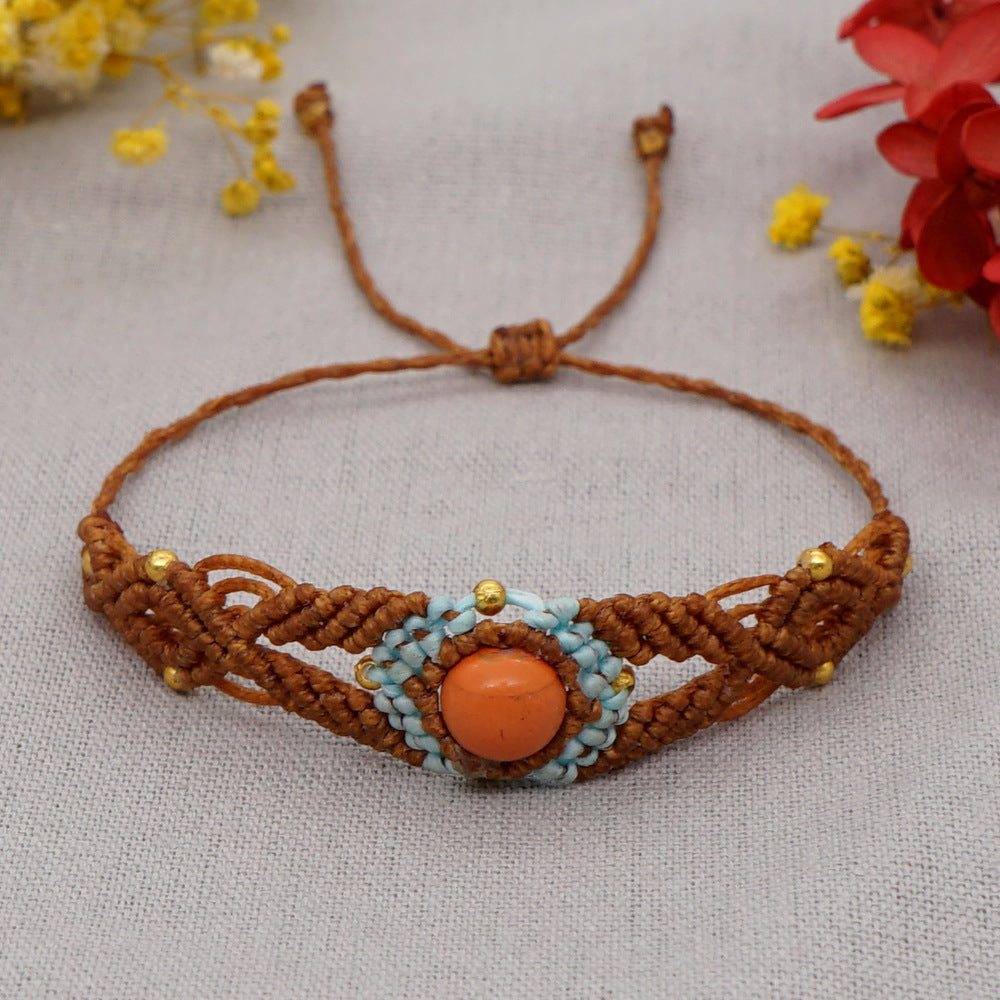 Ethnic Style Wax Rope Thread Carrying Strap Handmade Natural Stone Beaded Braided Rope Bracelet