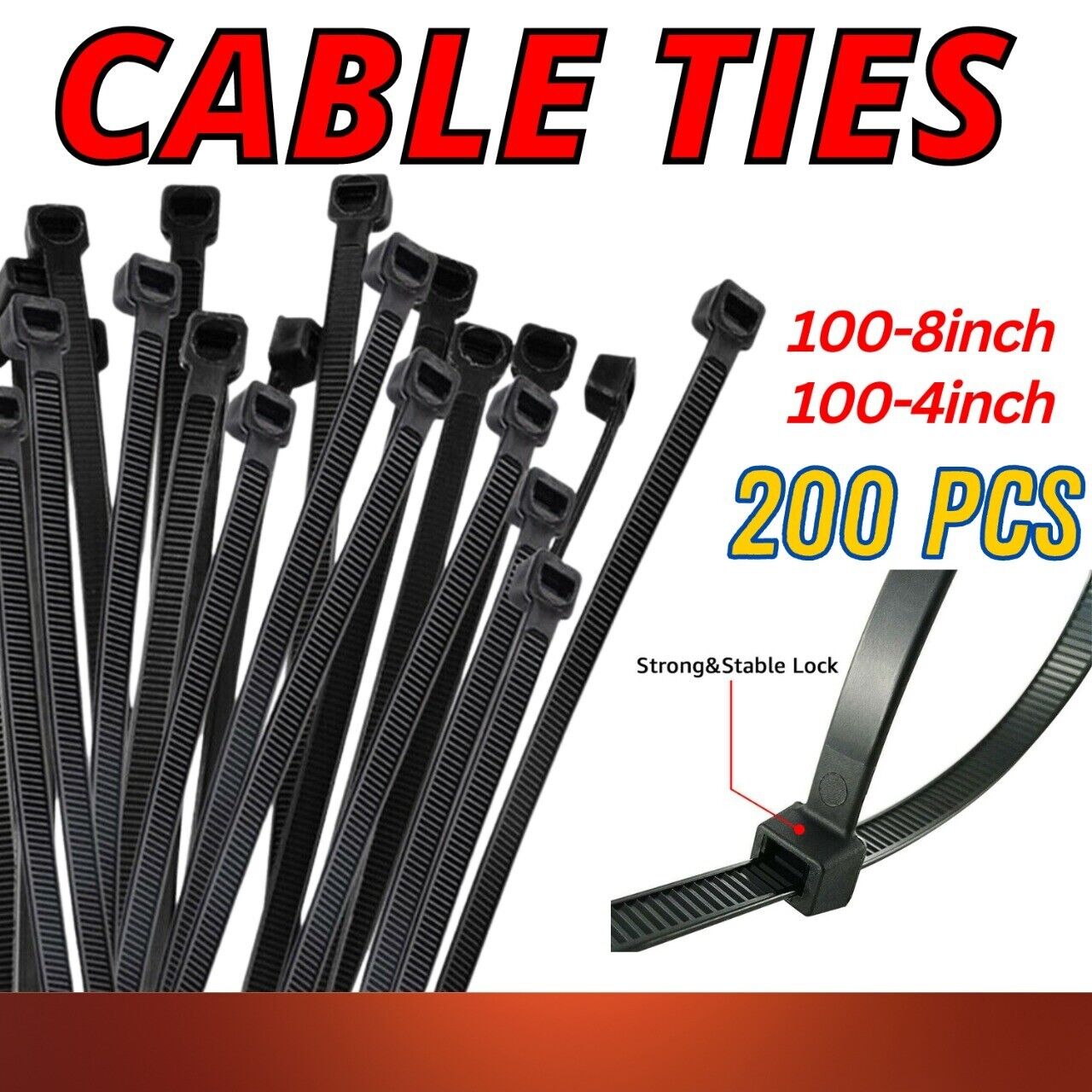 200PCS Cable Ties Zip Nylon Black Nylon Wire Wrap Tie UV Weather Resistant