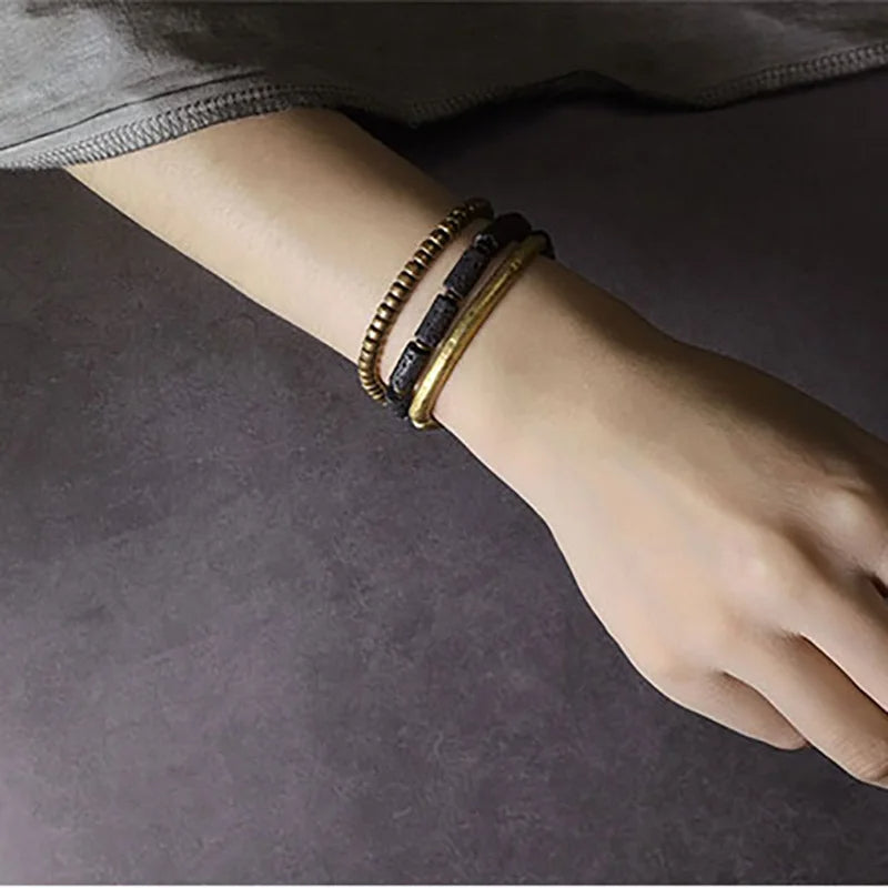 Multilayer Handmade Brass Tube Volcanic Stone Bracelet