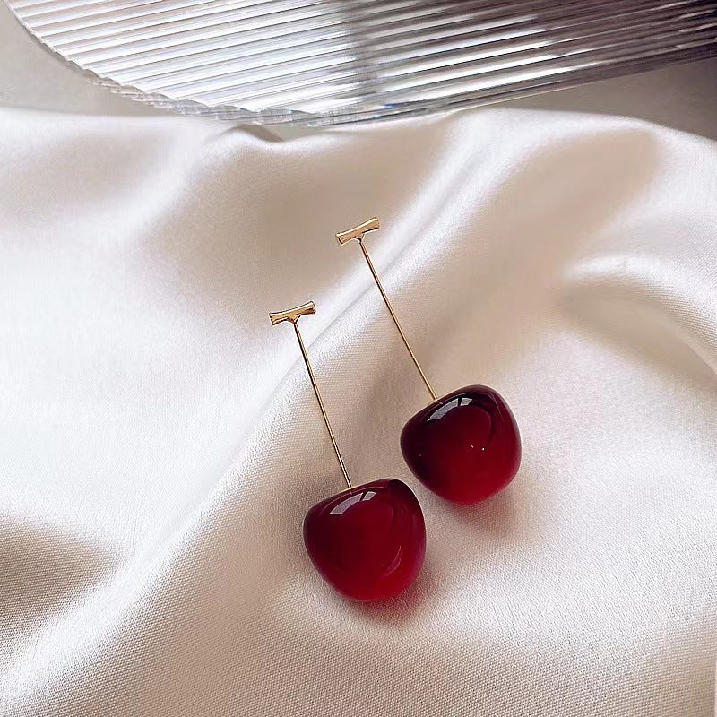 Sterling Silver Needle Long Red Cherry Earrings