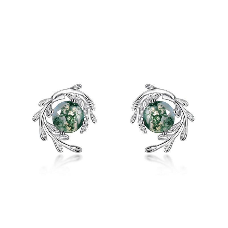 Green Moss Stone Jewelry S925 Silver Stud Earrings