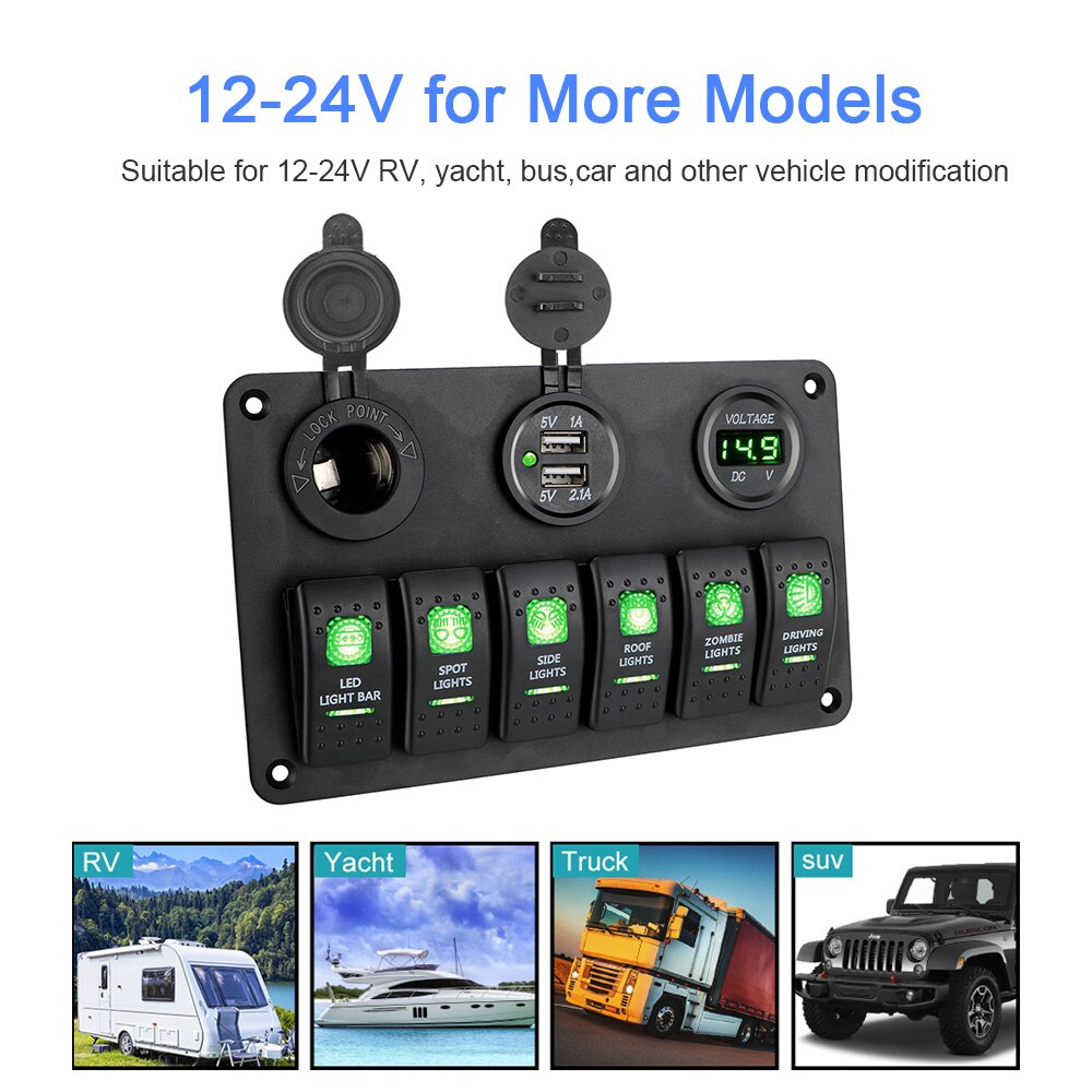 Car Marine Circuit Breaker 6 Gang Rocker Switch Panel ON/OFF Lights LED Digital Voltmeter Dual USB DC 12V/24V Waterproof