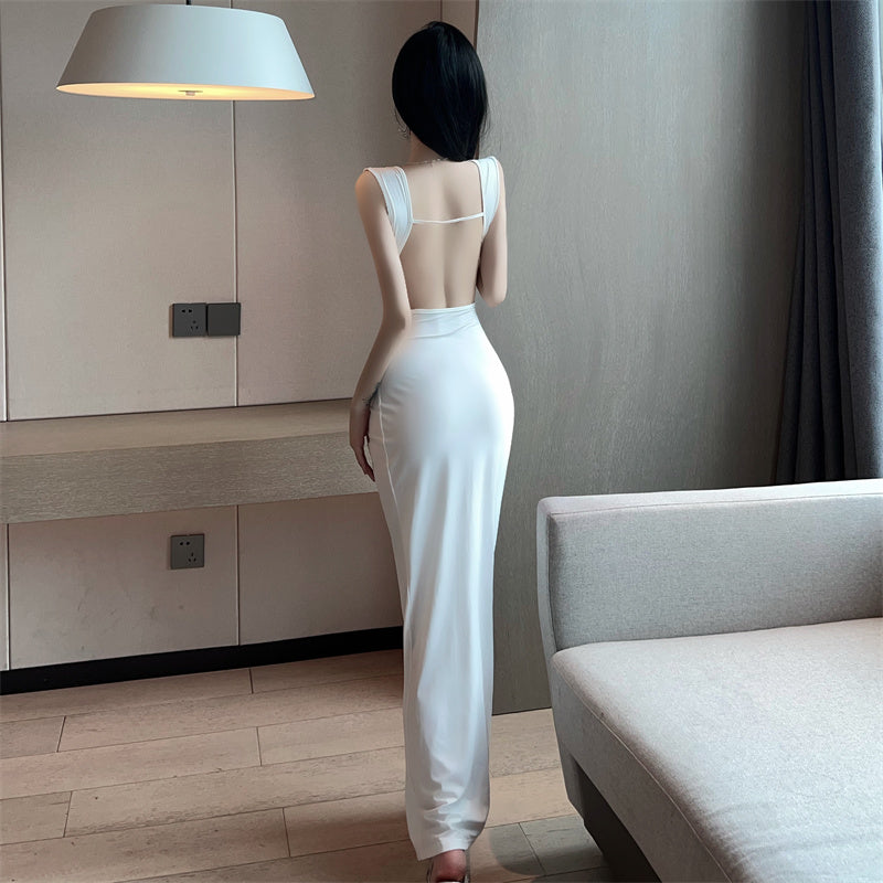 Slit Temperament Kink Long Skirt Sexy V-neck Low-cut Backless Hot Girl White Dress Dress