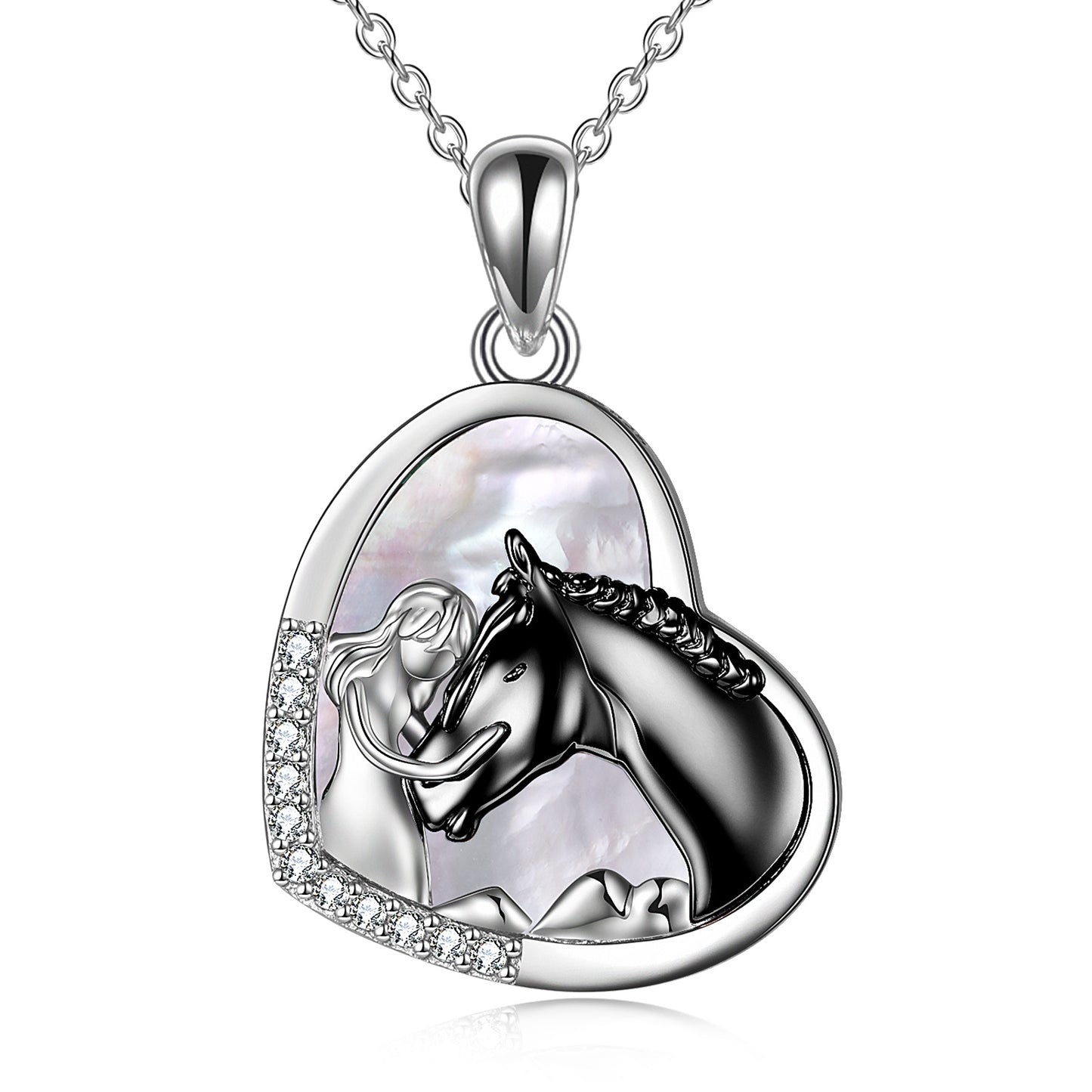 Sterling Silver Girls Embrace Horse Heart Pendant Necklace for Women Girls