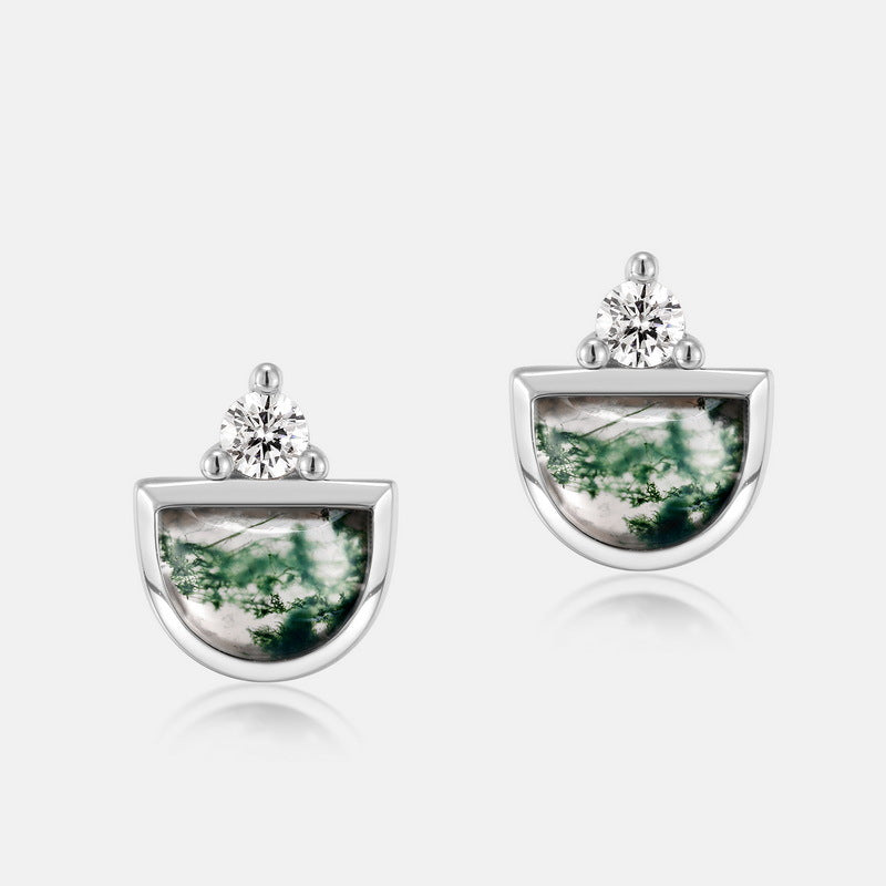 Silver Inlaid Green Moss Stone Stud Earrings