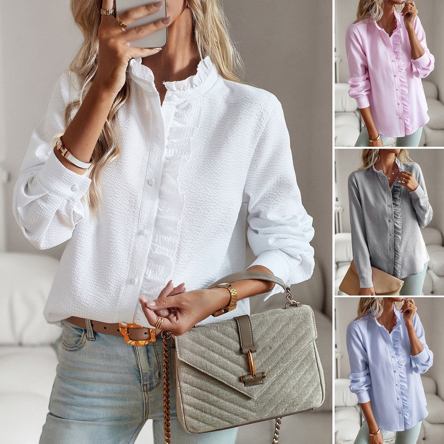 Striped Long Sleeve Shirt Fashion Ruffle Design Button Up Tops Casual Office Blouse Elegant Commuting Women's Clothing