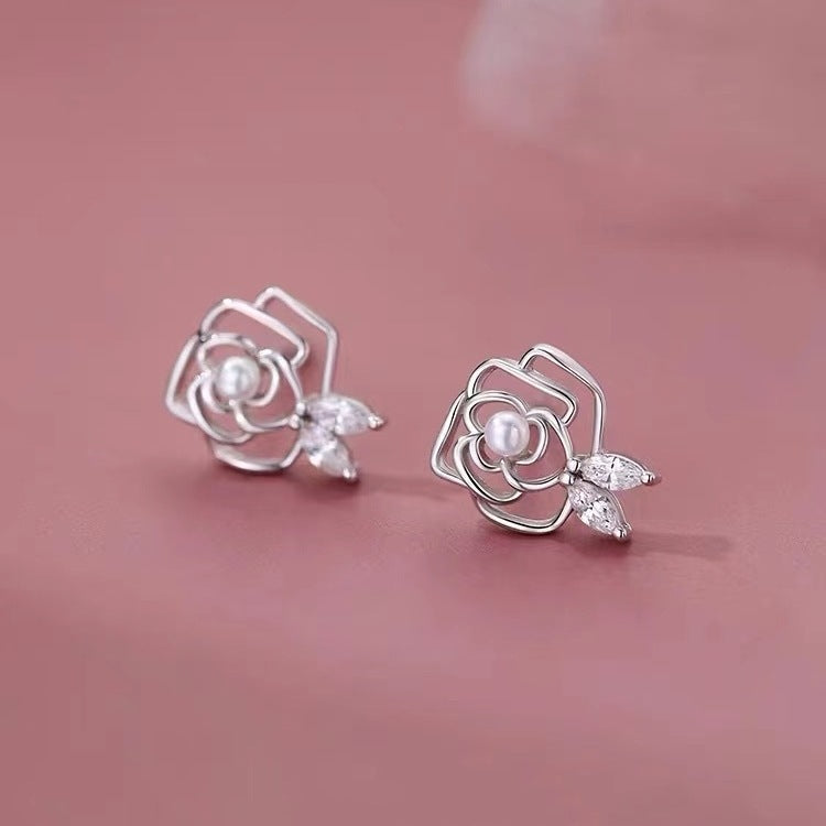 Sterling Silver Needle Flower Pearl Stud Earrings Minority Women