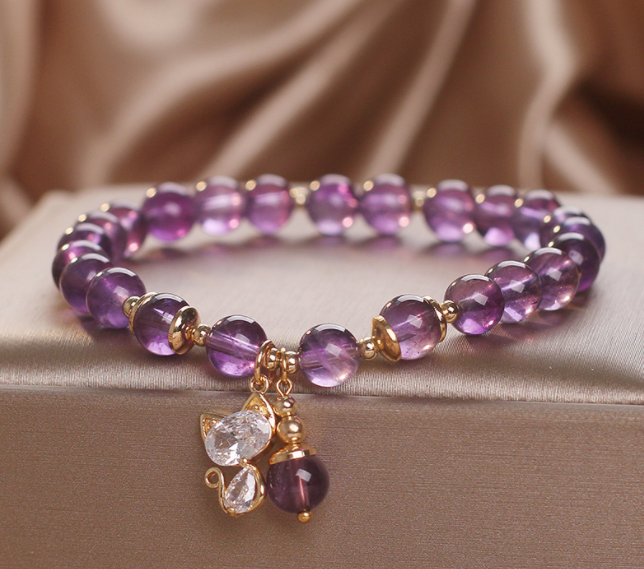 Natural Amethyst Female Cat Pendant Bracelet