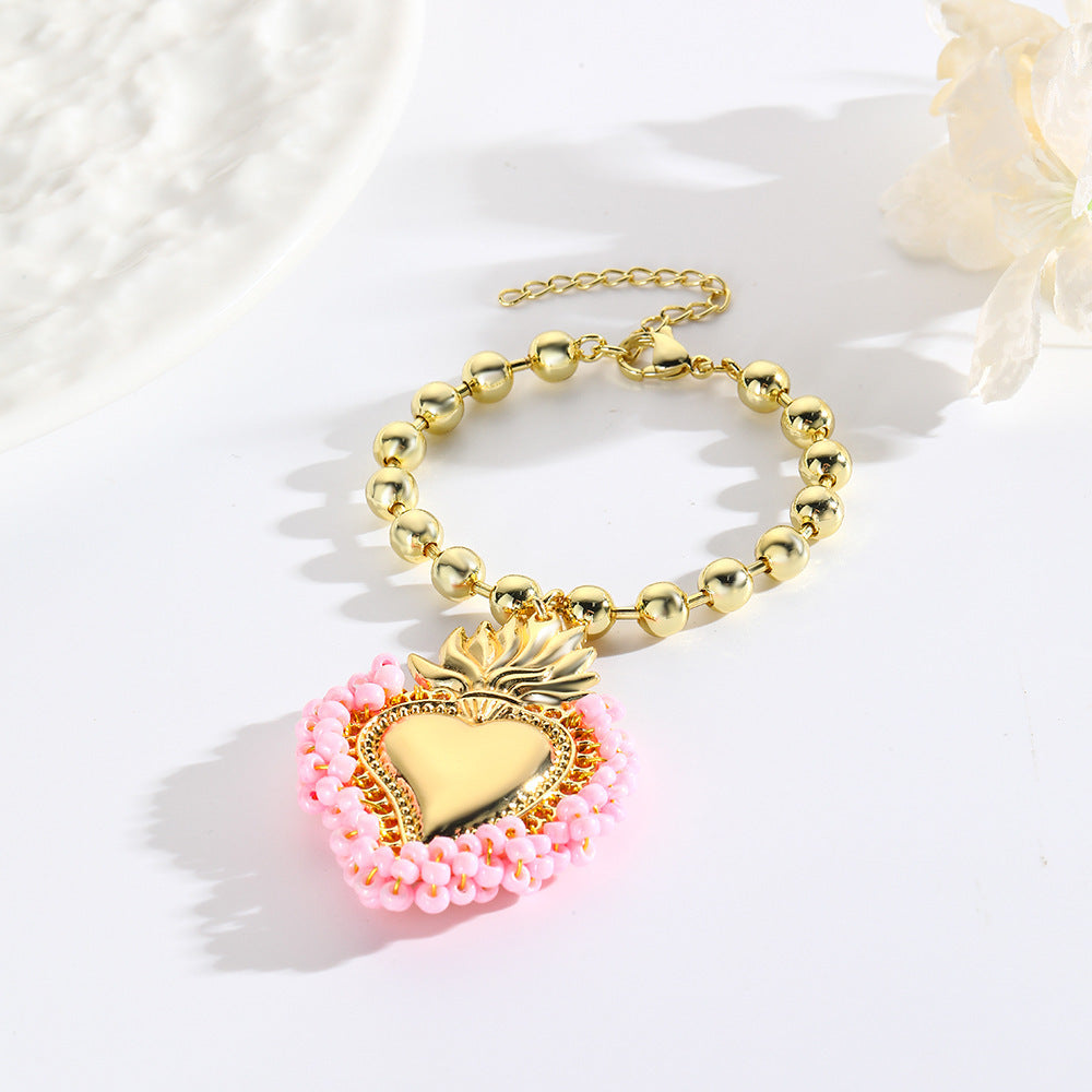 Retro Small Rice-shaped Beads Hand-woven Heart Bracelet