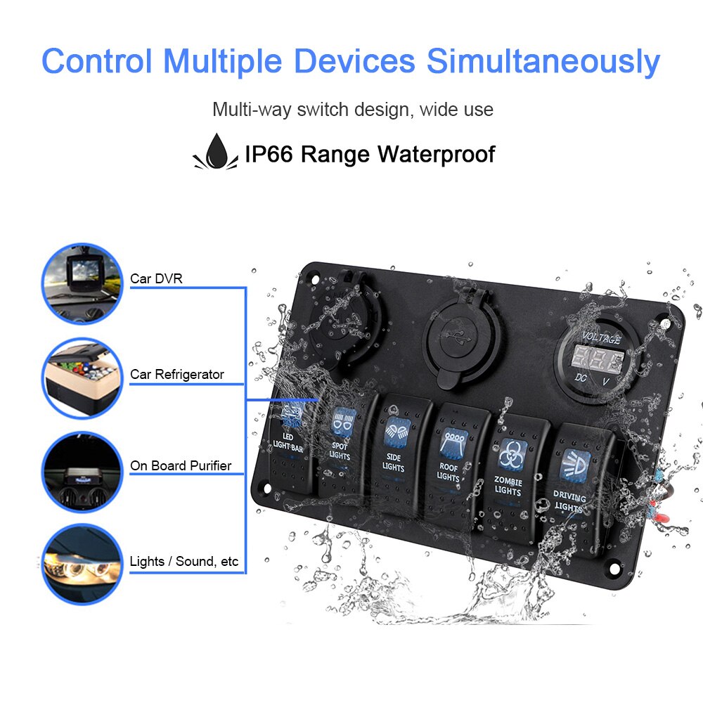 Car Marine Circuit Breaker 6 Gang Rocker Switch Panel ON/OFF Lights LED Digital Voltmeter Dual USB DC 12V/24V Waterproof