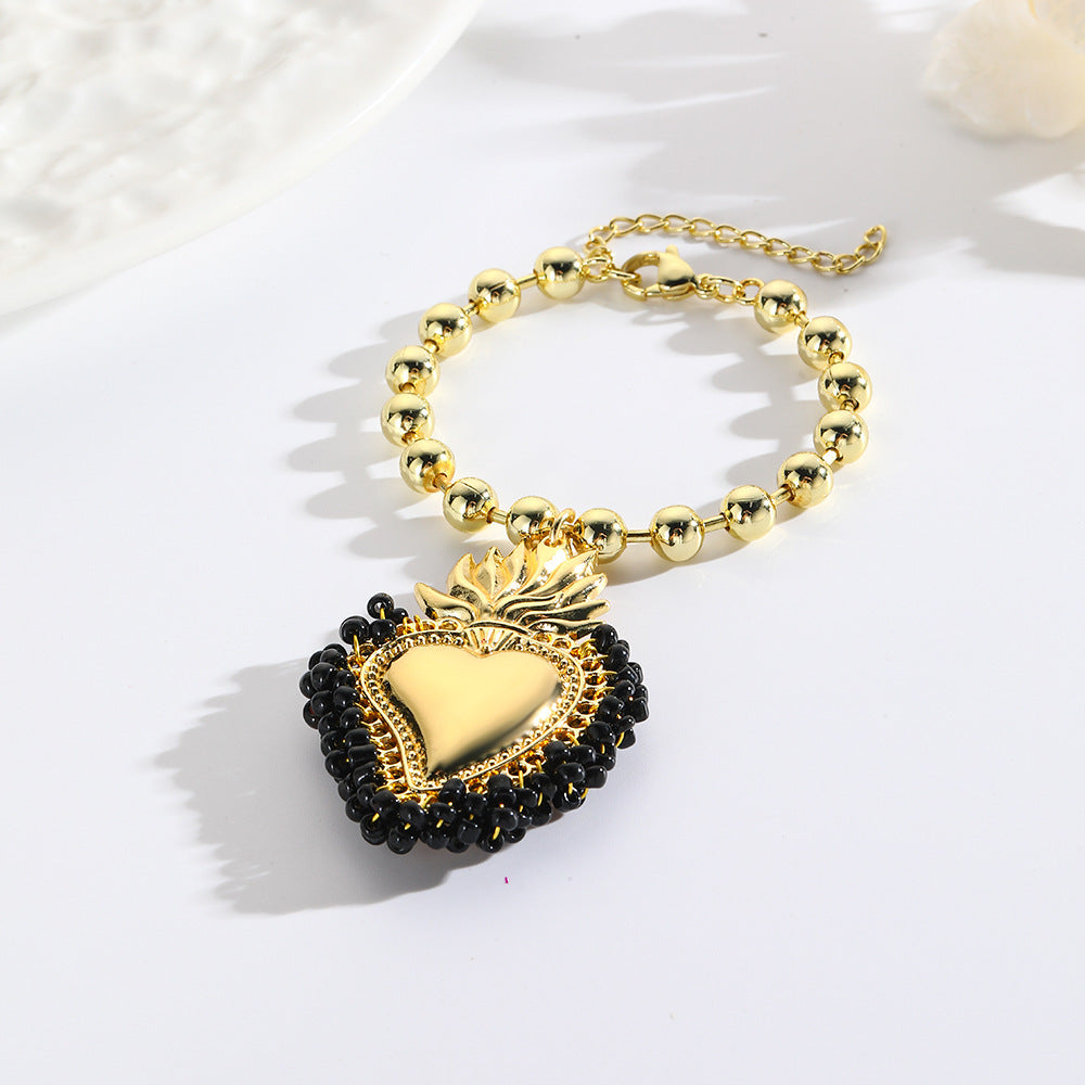 Retro Small Rice-shaped Beads Hand-woven Heart Bracelet