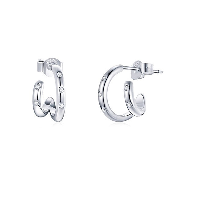 Simple And Popular Lines Geometric Zircon Original Sterling Silver S925 Double Hoop Earrings