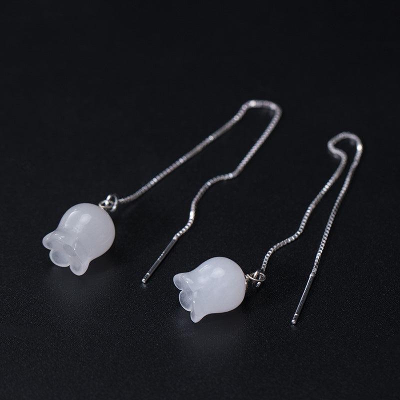 White Jade Wind Chimes Silver Earrings Retro Ethnic Style Earrings Simple Lady