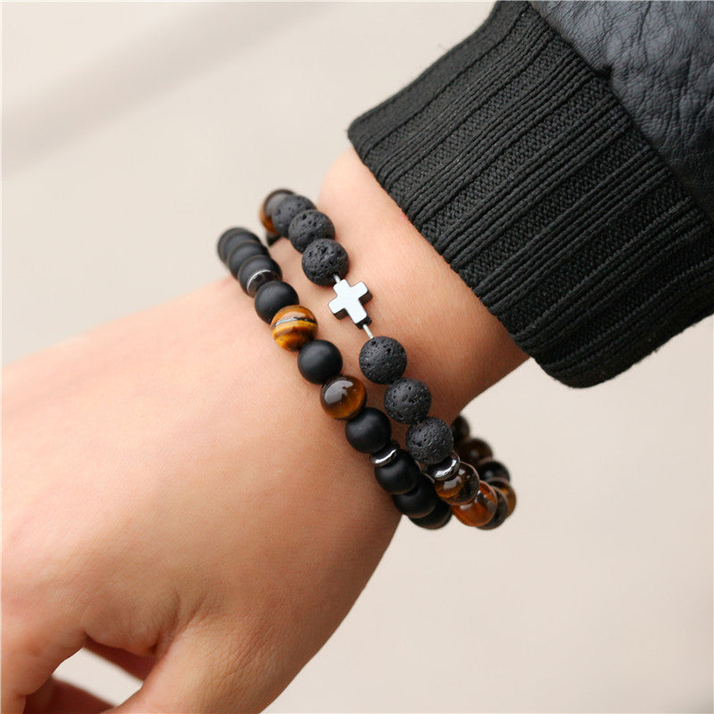 8mm Black Frosted Tigereye Cross Bracelet Set