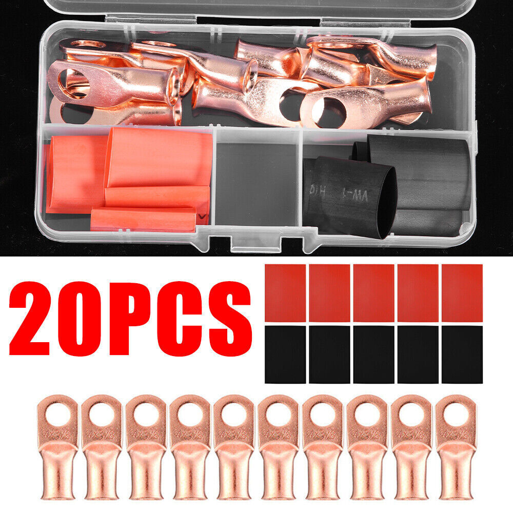 4 Gauge AWG Pure Copper Lugs Ring Terminals Connectors Log With Heat Shrink Kit