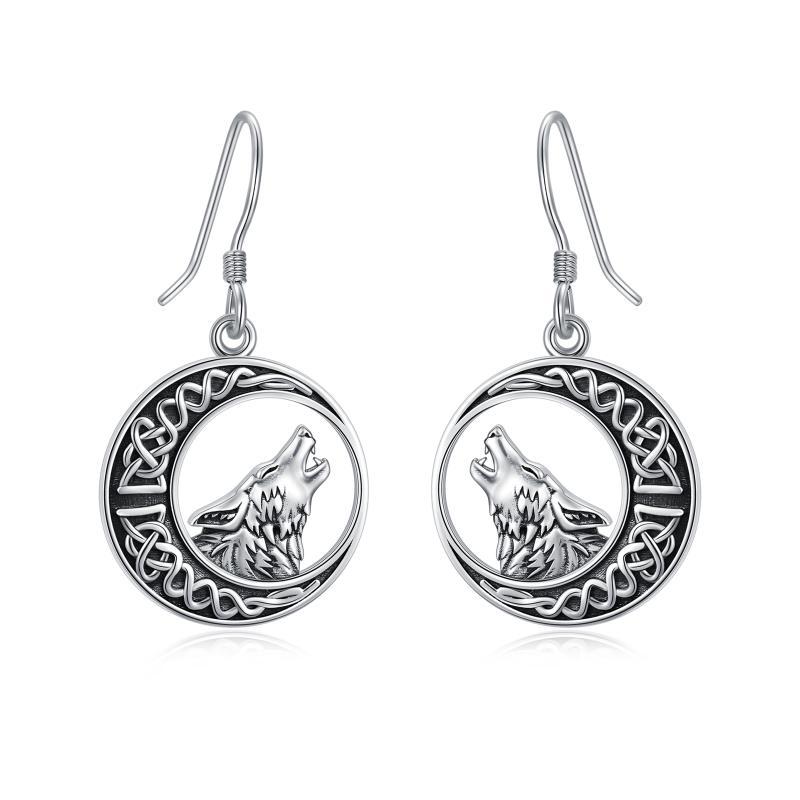 Wolf Celtic Moon Dangle Drop Earrings in Sterling Silver