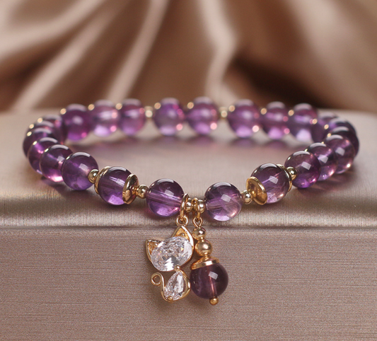 Natural Amethyst Female Cat Pendant Bracelet