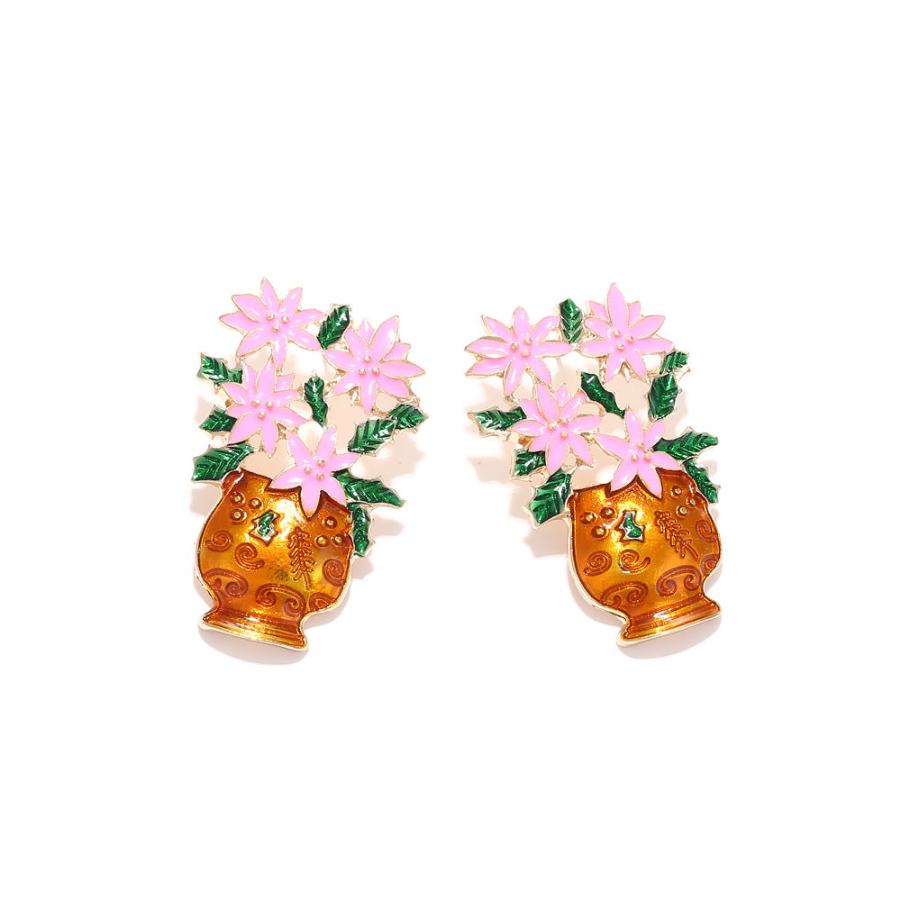 Elegant Alloy Oil Dripping Potted Flower Color Enamel Flower Stud Earrings