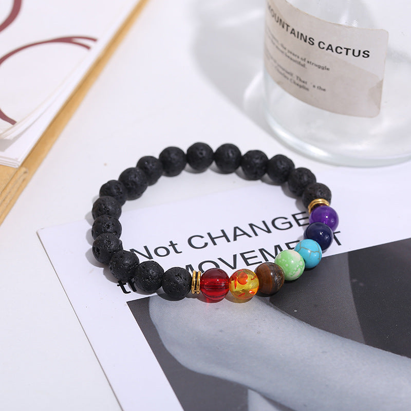 Handmade Black Lava Seven Chakra Healing Balance Beaded Bracelet