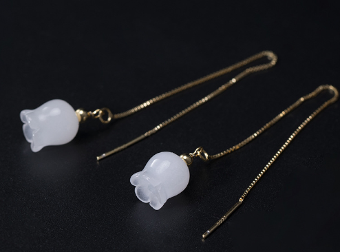 White Jade Wind Chimes Silver Earrings Retro Ethnic Style Earrings Simple Lady