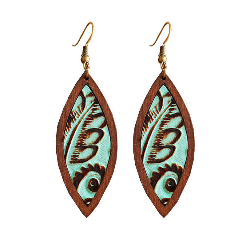 Genuine Leather Retro Embossed Classic Geometric Wooden Earrings