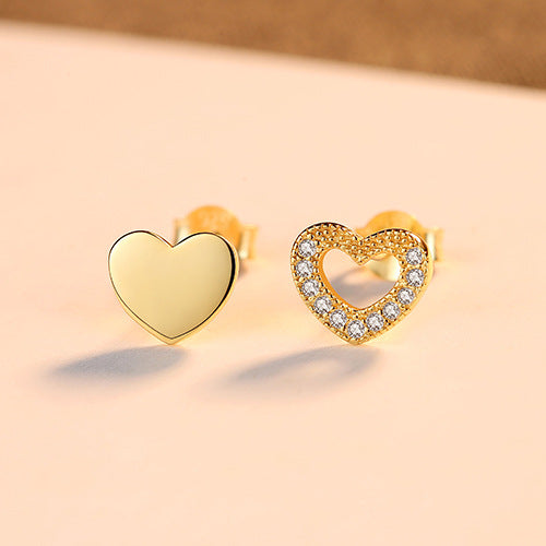 Gold Stud Earrings Love S925 Silver Zircon Earrings Asymmetric Peach Heart