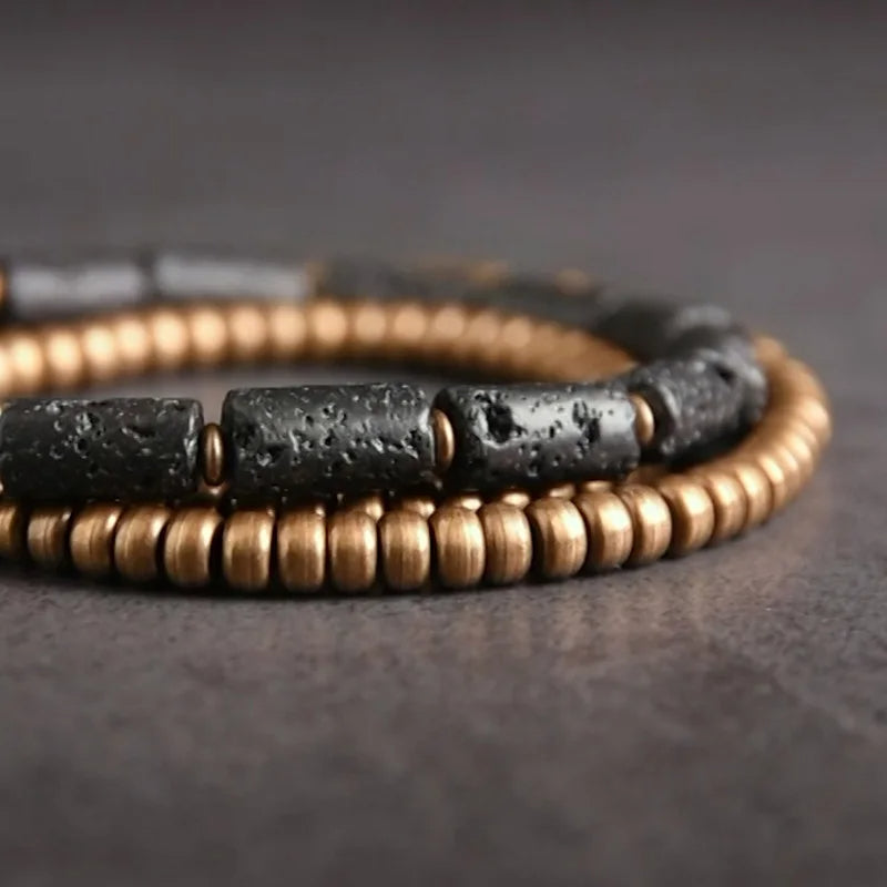 Multilayer Handmade Brass Tube Volcanic Stone Bracelet