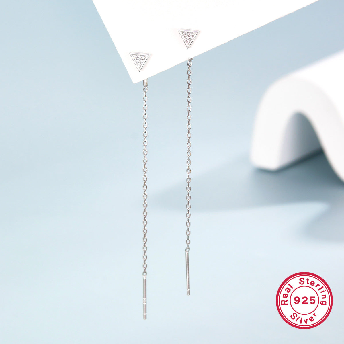 S925 Silver Stud Earrings Long Tassel Triangle Zircon EAR Thread