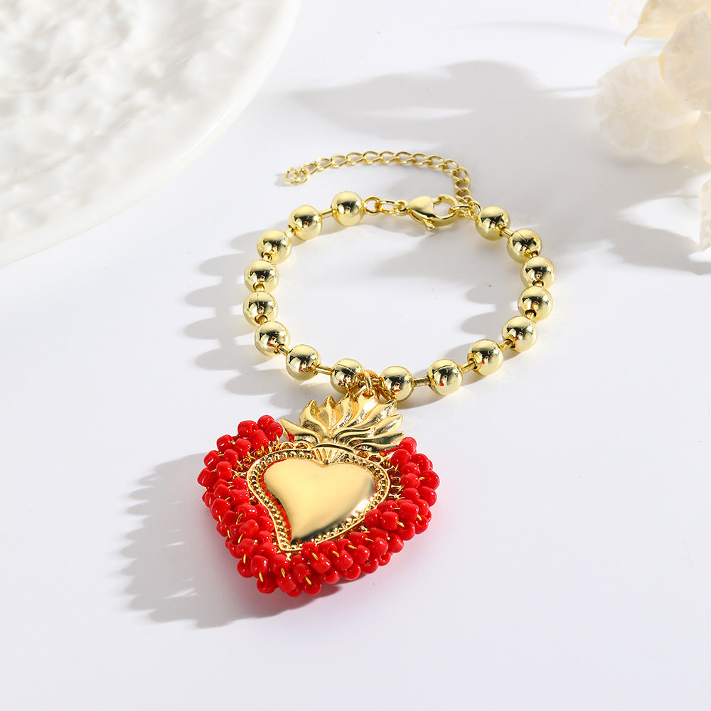 Retro Small Rice-shaped Beads Hand-woven Heart Bracelet