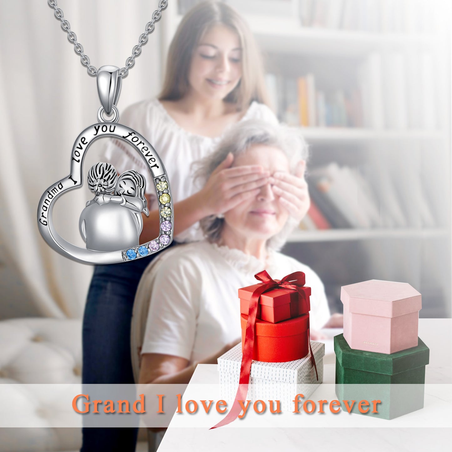 White Gold Plated Cubic Zirconia Granny Necklace In Sterling Silver