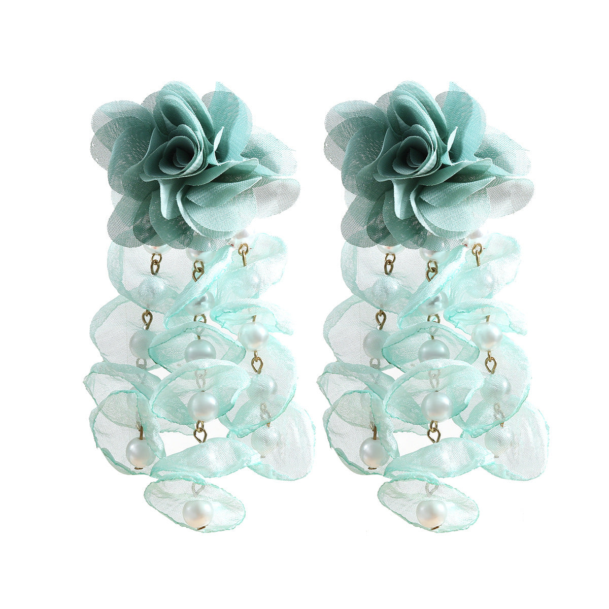 Floral Exaggerated Bohemian Fabric Pearl Flower Tassel Earrings