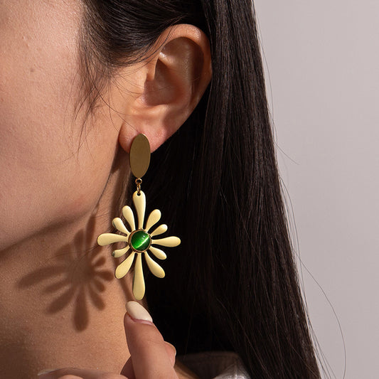 Vintage Fashion Green Stone Flower Tassel Earrings For Women