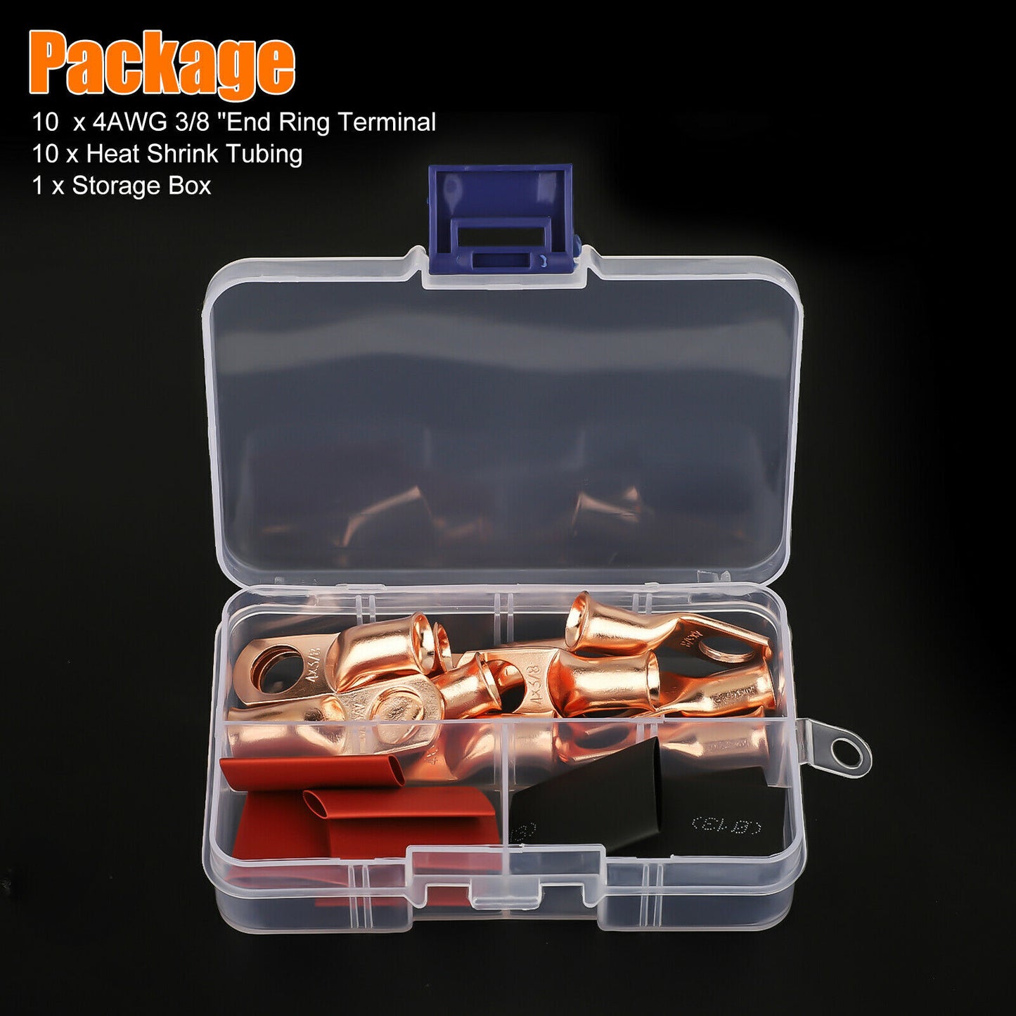 4 Gauge AWG Pure Copper Lugs Ring Terminals Connectors Log With Heat Shrink Kit