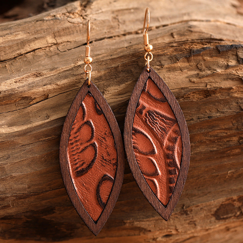 Genuine Leather Retro Embossed Classic Geometric Wooden Earrings