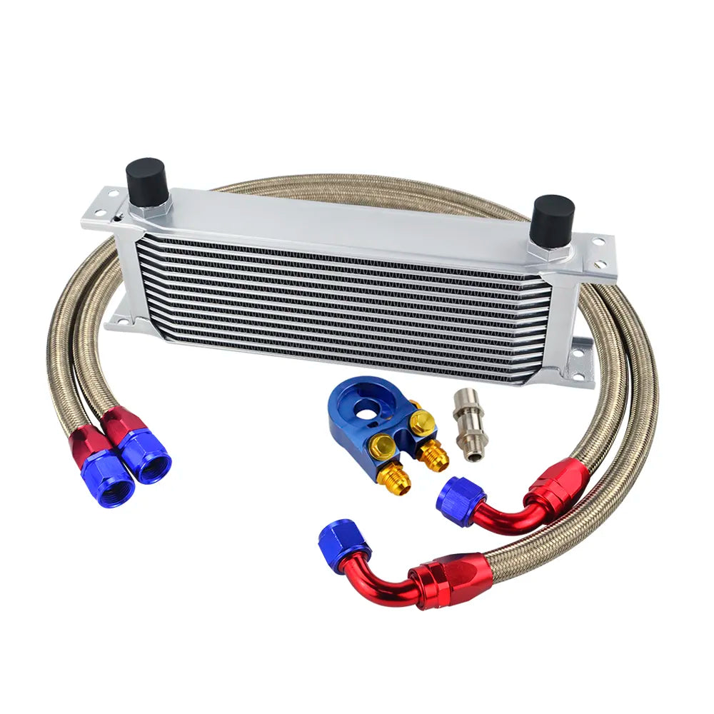 AN10 Universal 13 Rows Oil Cooler Kit + Oil Filter Sandwich Adapter + Staingless Steel Braided AN10 Fuel Hose Connector